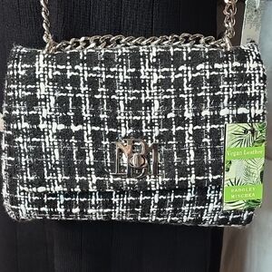 Badgley Mischka Monochrome Tweed Crossbody Bag With Adjustable Chain New